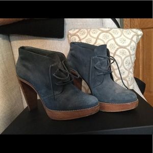 Cole Haan chunky wood heeled lace up suede bootie.